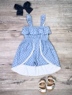 Sydney So Sweet Blue & Navy Polka Dot Lace Ruffle Girls Flyaway Shorts Romper