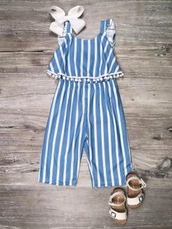 Sydney So Sweet Blue & White Stripe Pom Pom Girls Jumpsuit