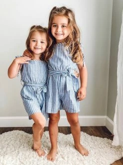 Sydney So Sweet Tie Strap Belted Blue Striped Girls Romper