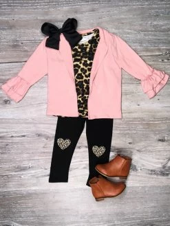 Sydney So Sweet 2 Piece Pants Outfits Blush Cheetah Heart Patch Ruffle Cardigan Three Piece Girls Outfit