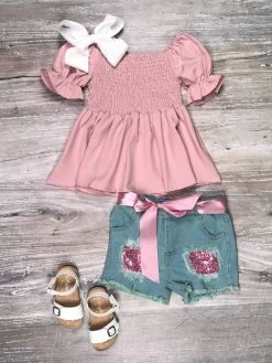 Sydney So Sweet Sparkle In Pink Smocked Puff Sleeve Sequin Denim Girls Shorts Outfit Shorts & Capri Outfits