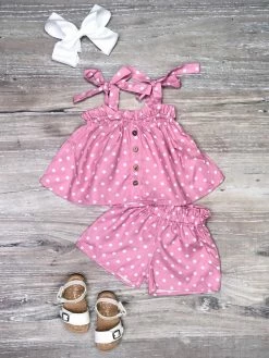 Sydney So Sweet New Arrivals Blush Pink Polka Tie Strap Ruffle Girls Shorts Outfit
