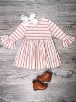 Sydney So Sweet Dresses & Skirt Sets Blush Pink & White Stripe Ruffle Flare Girls Dress