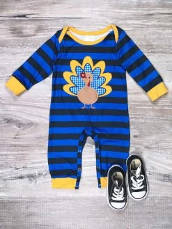 Sydney So Sweet Bold Stripe Blue & Yellow Thanksgiving Turkey Baby Boy Romper Baby Boutique