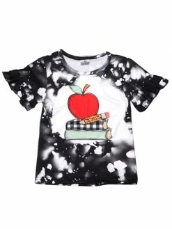Sydney So Sweet Book Smarts Apple Acid Wash Black Flutter Girls Back To School Top