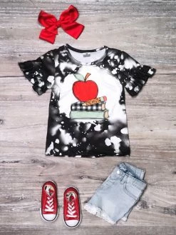 Sydney So Sweet Book Smarts Apple Acid Wash Black Flutter Girls Back To School Top