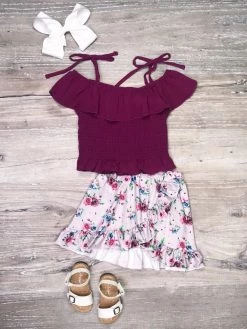 Sydney So Sweet New Arrivals Bouquet Blue & Purple Smocked Cold Shoulder Ruffle Girls Skirt Outfit