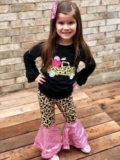 Sydney So Sweet Loads Of Love Leopard Truck Pink Sequin Girls Bell Bottoms Outfit