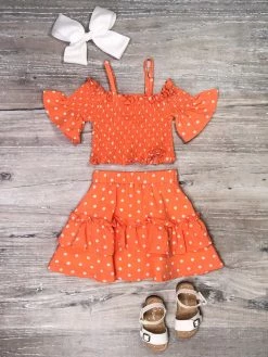 Sydney So Sweet Bright Orange Polka Dot Cold Shoulder Ruffle Girls Skirt Outfit Dresses & Skirt Sets