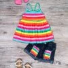 Sydney So Sweet Bright Rainbow Stripe Tank Denim Patch Girls Shorts Outfit New Arrivals