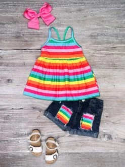 Sydney So Sweet Bright Rainbow Stripe Tank Denim Patch Girls Shorts Outfit New Arrivals