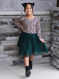 Sydney So Sweet Dresses & Skirt Sets Cheetah Green Button Tulle Ruffle Girls Tutu Dress