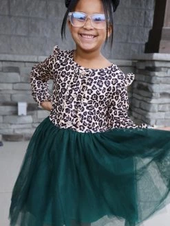 Sydney So Sweet Dresses & Skirt Sets Cheetah Green Button Tulle Ruffle Girls Tutu Dress