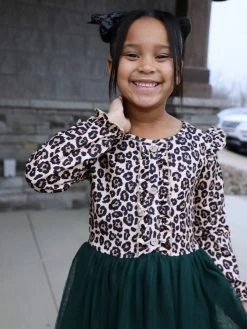 Sydney So Sweet Dresses & Skirt Sets Cheetah Green Button Tulle Ruffle Girls Tutu Dress