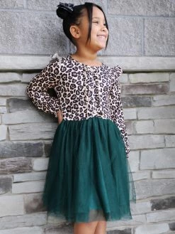 Sydney So Sweet Dresses & Skirt Sets Cheetah Green Button Tulle Ruffle Girls Tutu Dress