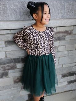 Sydney So Sweet Dresses & Skirt Sets Cheetah Green Button Tulle Ruffle Girls Tutu Dress