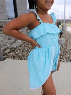Sydney So Sweet New Arrivals Light Blue & White Polka Dot Ruffle Flyaway Girls Shorts Romper
