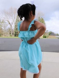Sydney So Sweet New Arrivals Light Blue & White Polka Dot Ruffle Flyaway Girls Shorts Romper