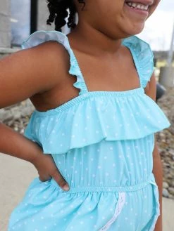 Sydney So Sweet New Arrivals Light Blue & White Polka Dot Ruffle Flyaway Girls Shorts Romper