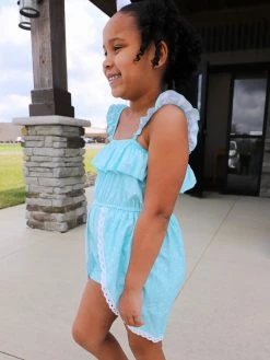Sydney So Sweet New Arrivals Light Blue & White Polka Dot Ruffle Flyaway Girls Shorts Romper