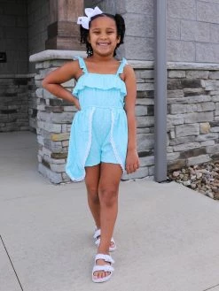 Sydney So Sweet New Arrivals Light Blue & White Polka Dot Ruffle Flyaway Girls Shorts Romper