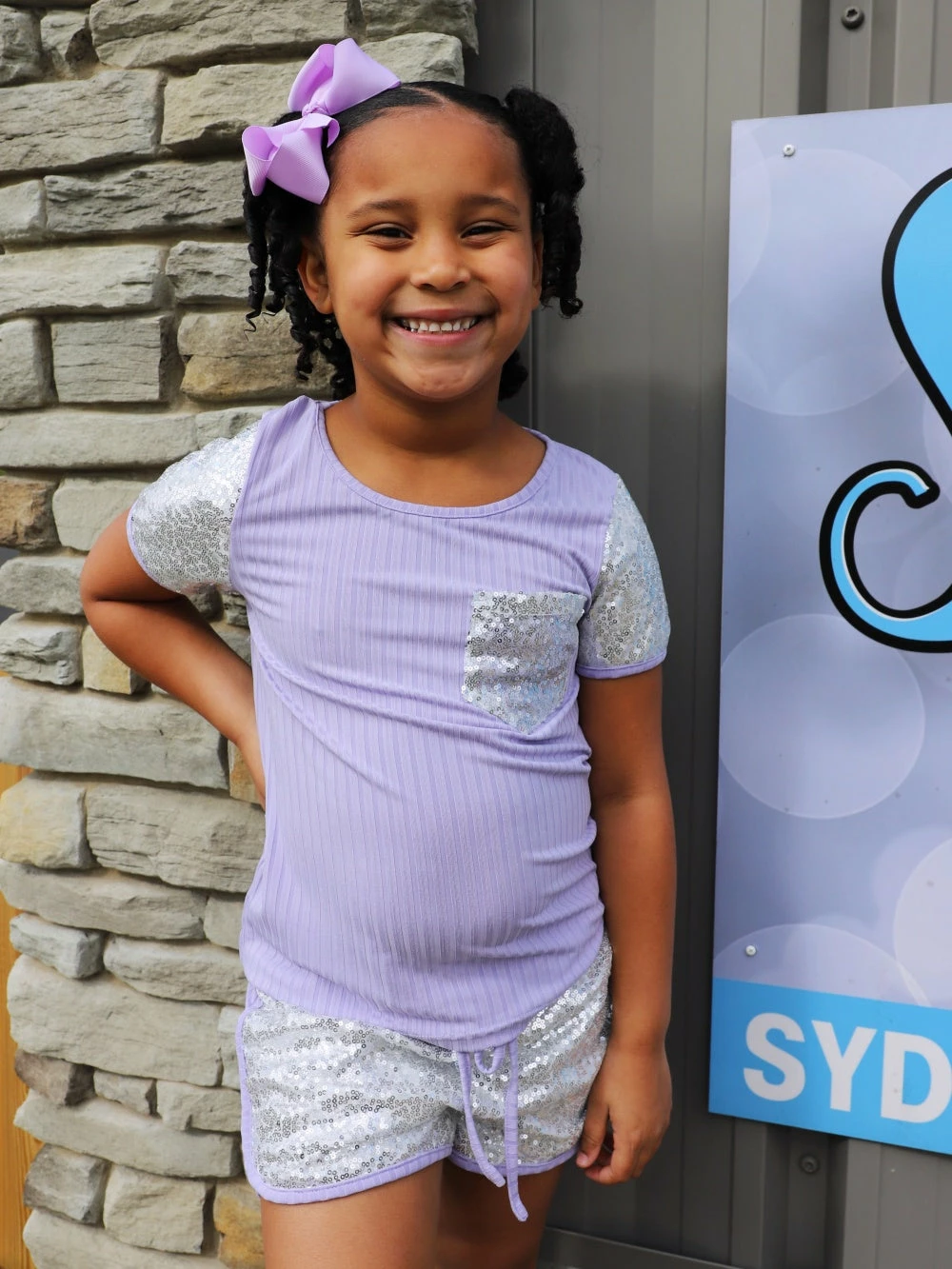 Sydney So Sweet Sassy Sequin Lavender Purple Girls Shorts Outfit 4 Sydney So Sweet Sassy Sequin Lavender Purple Girls Shorts Outfit