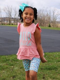 Sydney So Sweet New Arrivals Wild Child Pink & Blue Cheetah Flutter Girls Biker Shorts Outfit