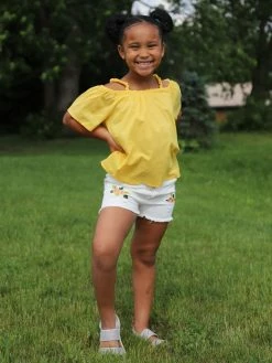 Sydney So Sweet Yellow Floral Cold Shoulder White Denim Girls Shorts Outfit