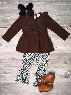 Sydney So Sweet 2 Piece Pants Outfits Brown Cheetah Eyelet Lace Ruffle Leggings Girls Outfit