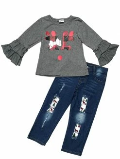 Sydney So Sweet Buffalo Plaid Reindeer & Friends Patch Girls Set Denim
