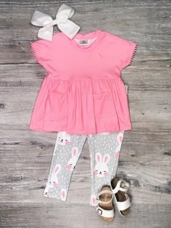 Sydney So Sweet Easter & Spring Bunny Blush Pink & Gray Ruffle Girls Easter Outfit