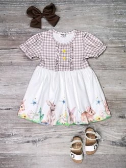 Sydney So Sweet Dresses & Skirt Sets Bunny Garden & Friends Brown Gingham Ruffle Girls Easter Spring Dress