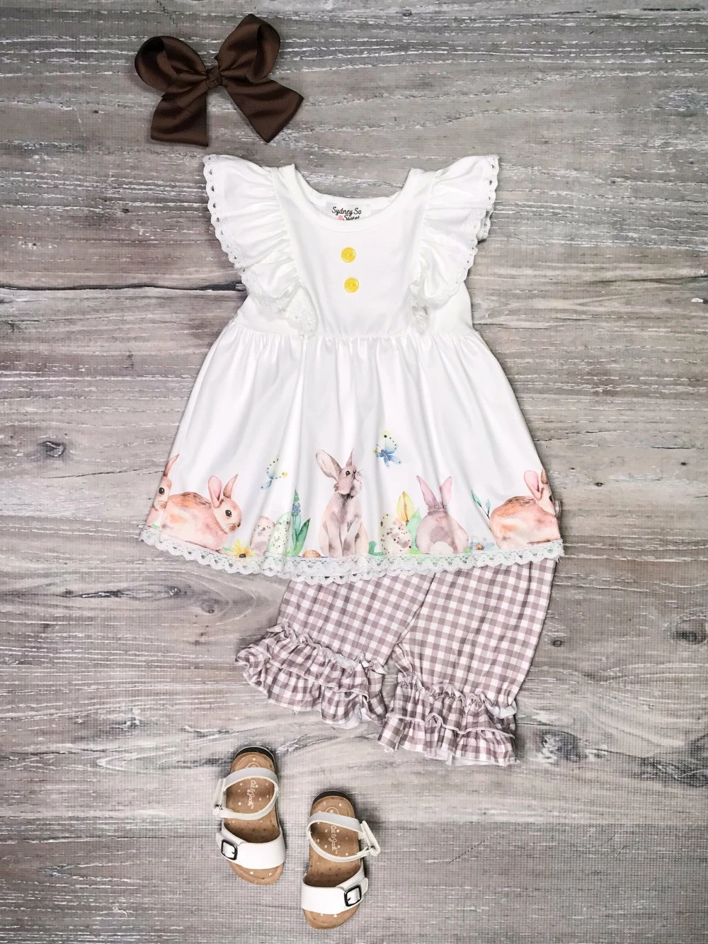 Sydney So Sweet Shorts & Capri Outfits Bunny Garden & Friends Brown Gingham Ruffle Girls Easter Spring Outfit 1 Sydney So Sweet Shorts & Capri Outfits Bunny Garden & Friends Brown Gingham Ruffle Girls Easter Spring Outfit