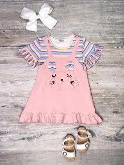 Sydney So Sweet Dresses & Skirt Sets Bunny Rainbow Vibes Stripe Pink Ruffle Girls Jumper Dress