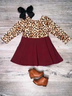 Sydney So Sweet Burgundy Brown Leopard Long Sleeve Girls Skater Dress Dresses & Skirt Sets