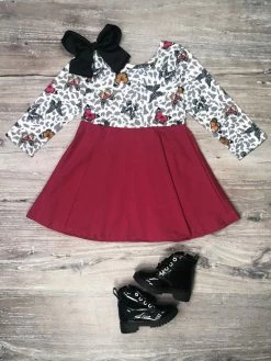 Sydney So Sweet Burgundy Butterfly Leopard Long Sleeve Girls Skater Dress