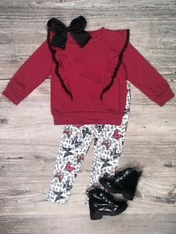 Sydney So Sweet Burgundy Butterfly Leopard Pom Pom Ruffle Girls Outfit