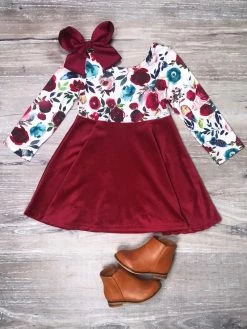 Sydney So Sweet Burgundy Rose Floral Velvet Long Sleeve Girls Skater Dress