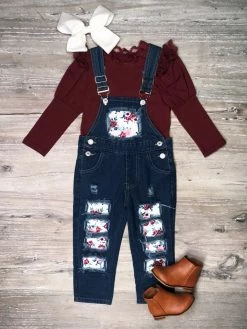 Sydney So Sweet Burgundy Vintage Rose Ruffle Girls Denim Patch Overall Set