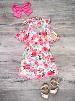 Sydney So Sweet Butterfly Bright Pink Floral Cold Shoulder Pom Girls Shorts Romper New Arrivals
