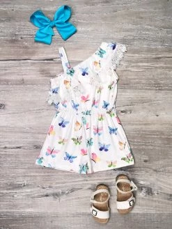 Sydney So Sweet Butterfly Fly Away Rainbow Ruffle Lace One Shoulder Girls Shorts Romper Rompers & Jumpsuits