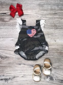 Sydney So Sweet Camo Heart Flag Eyelet Lace Halter Baby Romper Baby Boutique