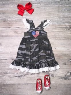 Sydney So Sweet Camo Heart Flag Eyelet Lace Flutter Girls Patriotic Dress New Arrivals