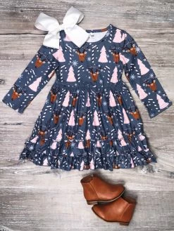 Sydney So Sweet Dresses & Skirt Sets Candy Cane Reindeer Pink Tree Ruffle Girls Dress