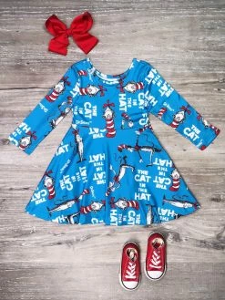 Sydney So Sweet Storybook Cat Blue Long Sleeve Girls Skater Dress