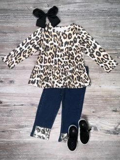 Sydney So Sweet Charming Cheetah Babydoll Top Denim Cuffed Girls Outfit