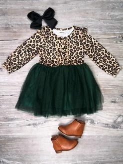 Sydney So Sweet Dresses & Skirt Sets Cheetah Green Button Tulle Ruffle Girls Tutu Dress
