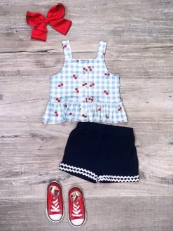 Sydney So Sweet Cherry On Top Blue Gingham Peplum Tank Girls Shorts Outfit