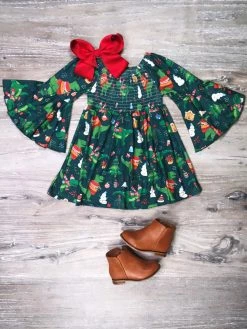 Sydney So Sweet Merry Dino Christmas Smocked Flare Girls Baby Doll Dress Or Top