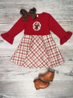 Sydney So Sweet Christmas Reindeer Red Tartan Plaid Ruffle Girls Dress